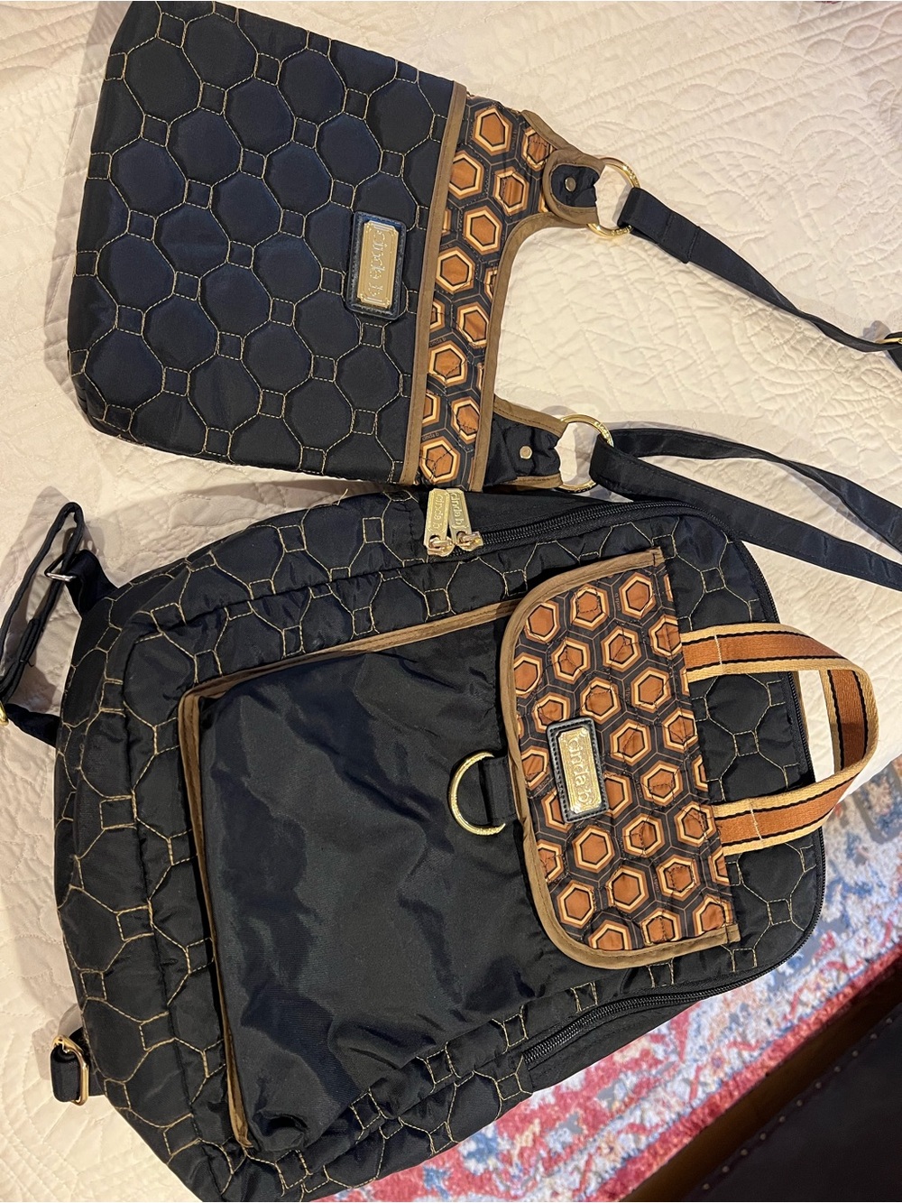 Black and Brown Hex Pattern Women’s Backpack and Crossbody Set